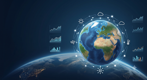 Global weather data network visualization with Earth, weather icons, and analytics charts